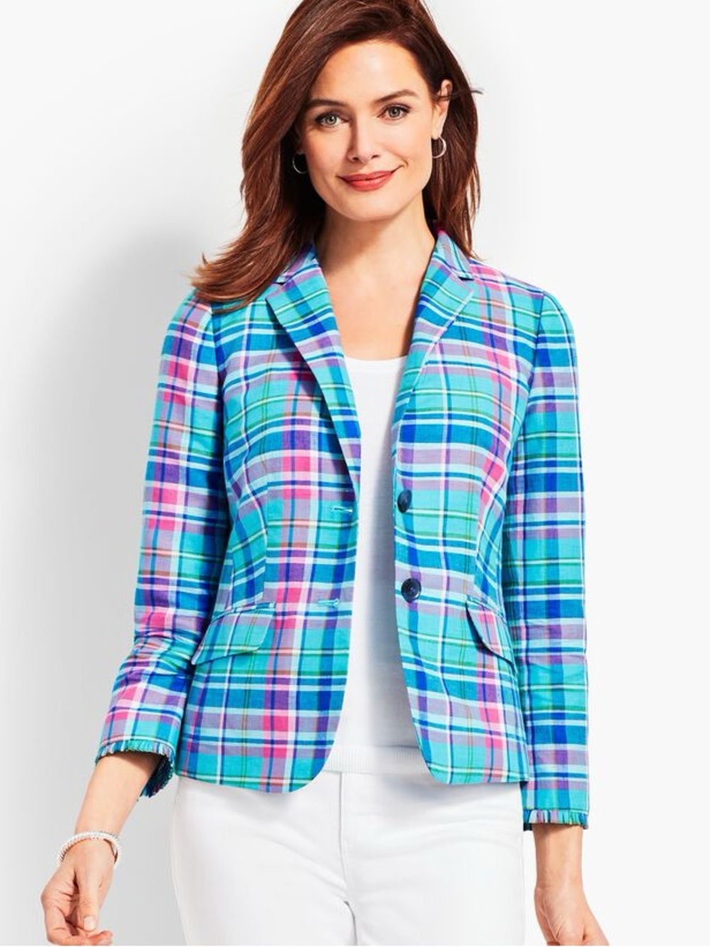 TALBOTS PLAID MADRAS DOUBLE-BUTTON SUNSHINE BLAZER